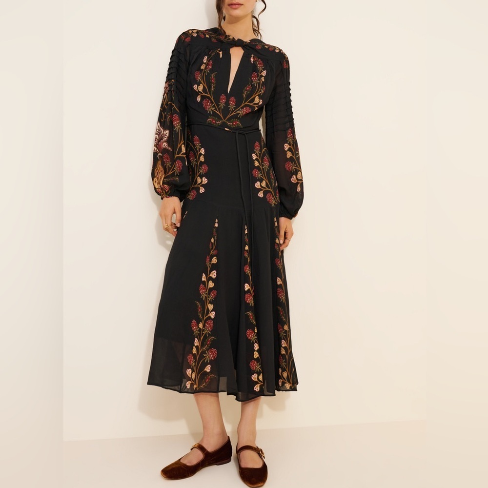 Farm Rio Black Berry Garden Long Sleeve Pleated Midi Dress Size S - Picture 11 of 15